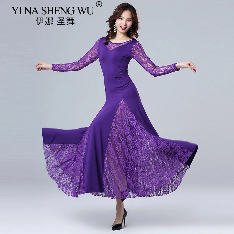Adult Modern Dance Dress Waltz Flamenco Ballroom Dance Competition Performance Costumes Women Lace Long Sleeve Dance Dress