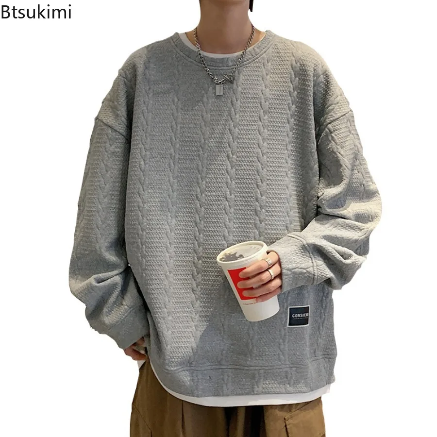 

Spring Autumn Men's Casual Sweatshirts Korean Fashion Long Sleeves Loose Hoodies High Quality Solid O Neck Pullover Tops for Men