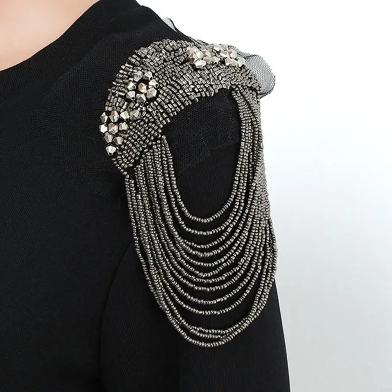 270D Punk Styles Chain Epaulets Shoulder Epaulettes with Bead Studded for Stage Show Costume Applique Fringed Shoulder Board