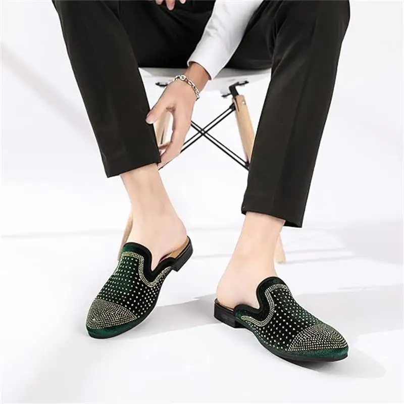 XQWFH Men's Slip-on Mule Slippers Handmade Velvet Loafers Men Backless Casual Shoes Luxury Rhinestone Tassel Dress Shoes Flats