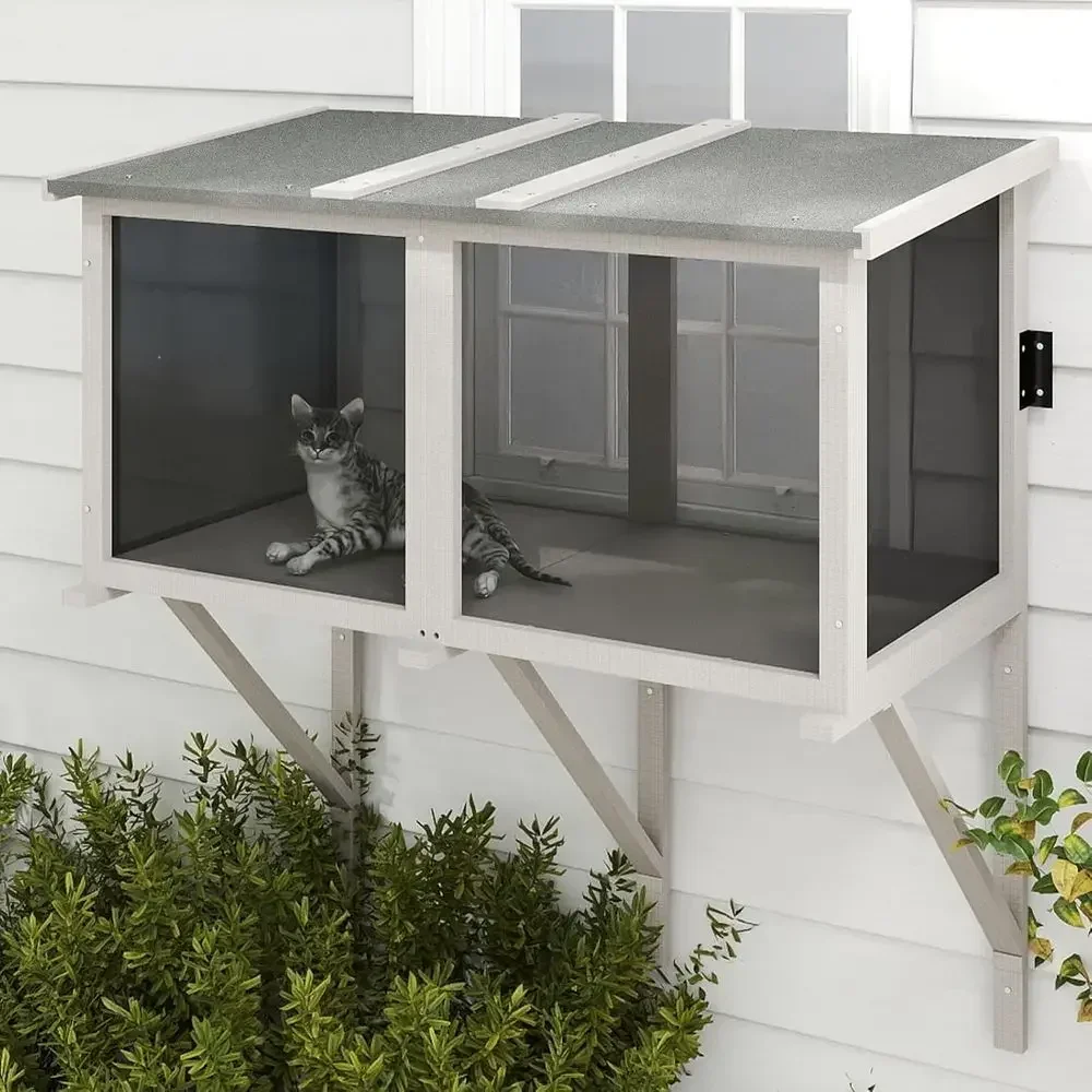 Expandable Window Cat Enclosure, Weather-Resistant Outdoor Perch, Insect-Proof Comfortable Wooden Hammock for Small Pets