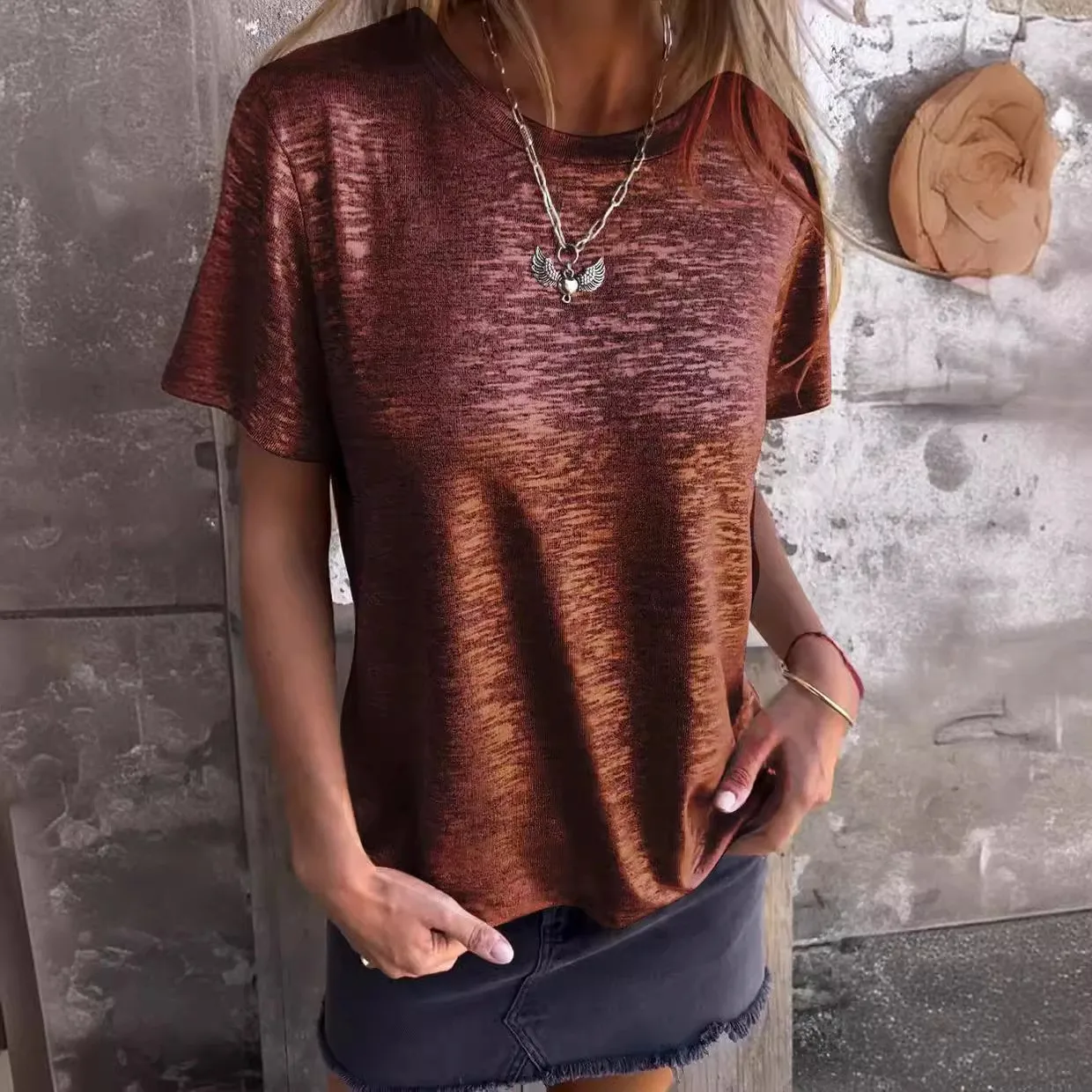 Women Round Neck Short Sleeve Loose Fit Foil Print Glitter T Shirt Female Clothing Women T-shirts And Polos Woman Clothes