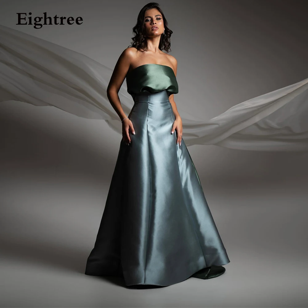 

Eightree Elegant Dubai Saudi Arabic Green Evening Dresses Strapless Satin Sleeveless A Line Floor Length Prom Gowns for Women