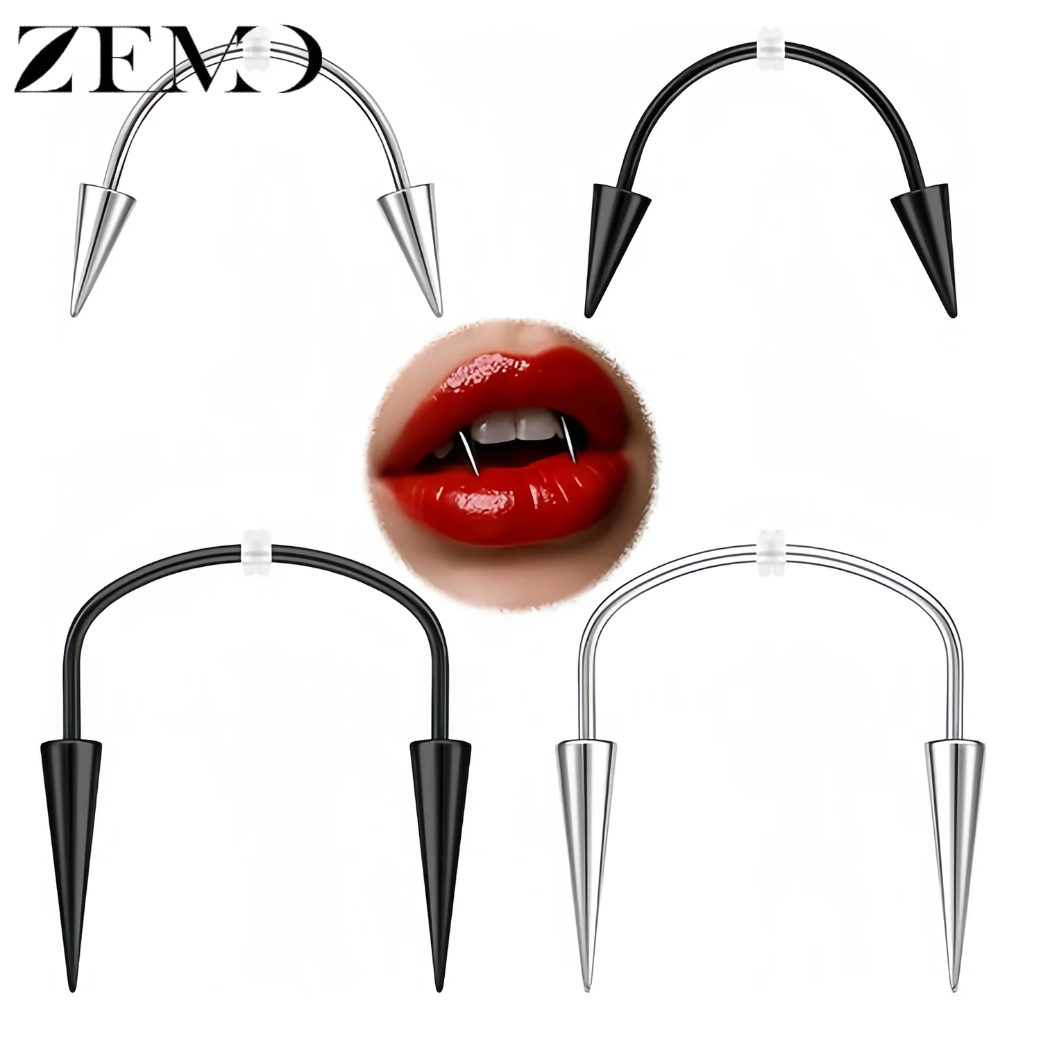 ZEMO 1 Stück Edelstahl Teufel Labret Lippenstecker C-Stab Vampirzähne Taper Lippenringe Punk Halloween Lippenpiercing Schmuck 19/22MM