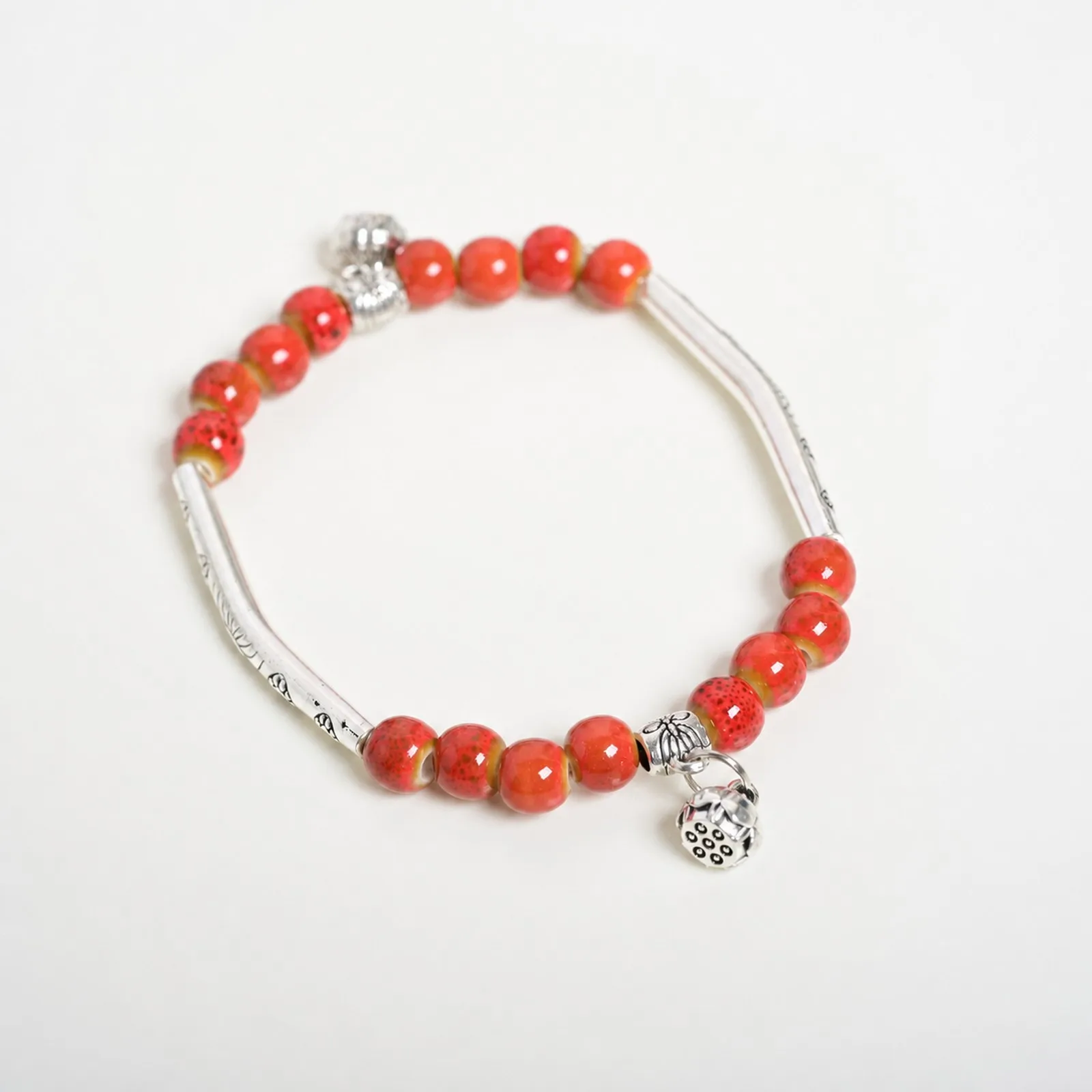 Red Ceramic Bead Handmade Bracelet Adjustable 17-19cm 6mm Ceramic Beads Elastic Cord Handwoven Metal Accents Y260713-10
