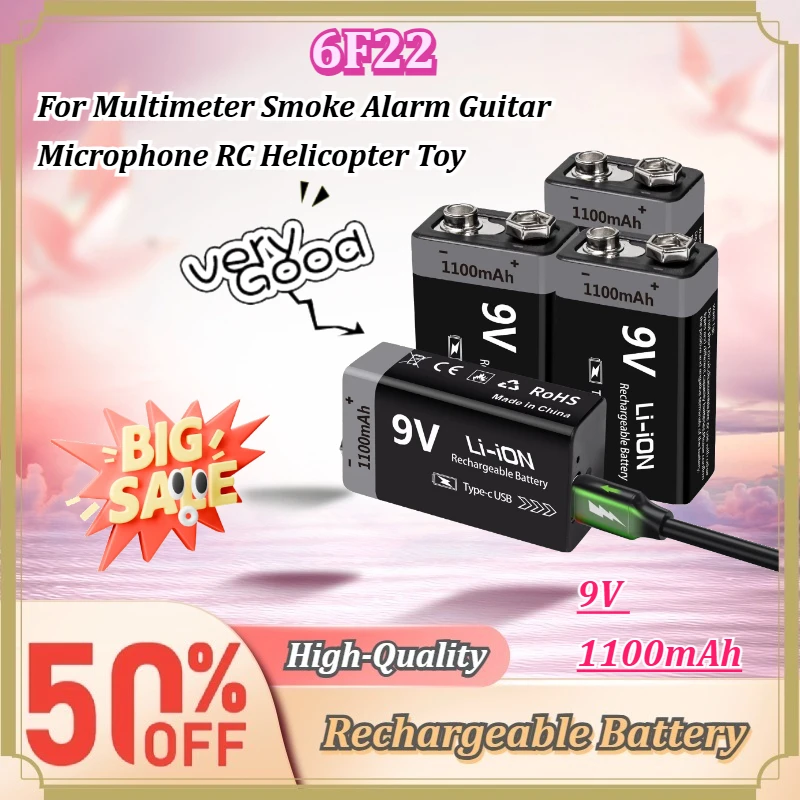 For Multimeter Smoke Alarm Guitar Microphone RC Helicopter Toy 6F22 9V 1100mAh USB‑C Rechargeable Li‑ion Battery