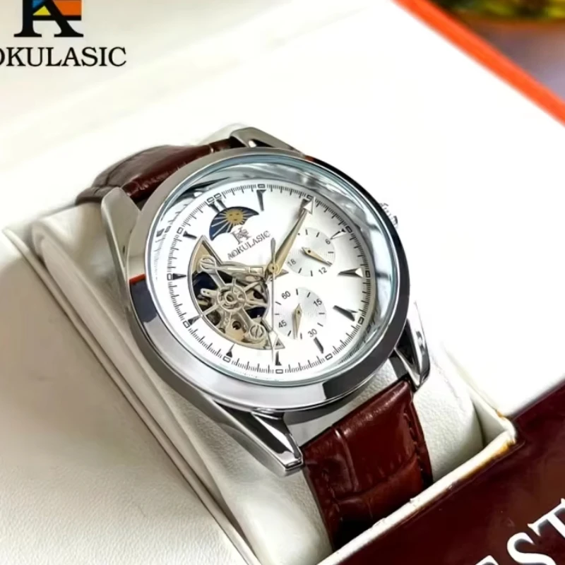 Luxury Men's Automatic Mechanical Watch, Semi-Hollow Sphere Design, High Aesthetic Appeal, Cool and Popular Men's Watch, Moon Phase Pointer, Party Fashion Watch, Daily Clothing Accessory, Stylish and Fully Equipped Exquisite Watch, Birthday Gift Box