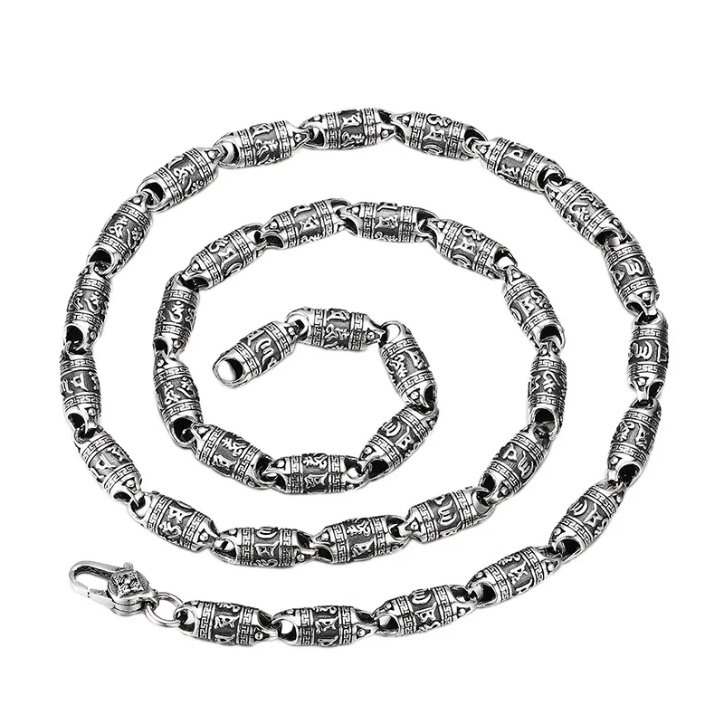 

6mm Thick S925 Sterling Silver Necklace Six-character Mantra Men's Vajra Thai Silver Vintage Chain Jewelry