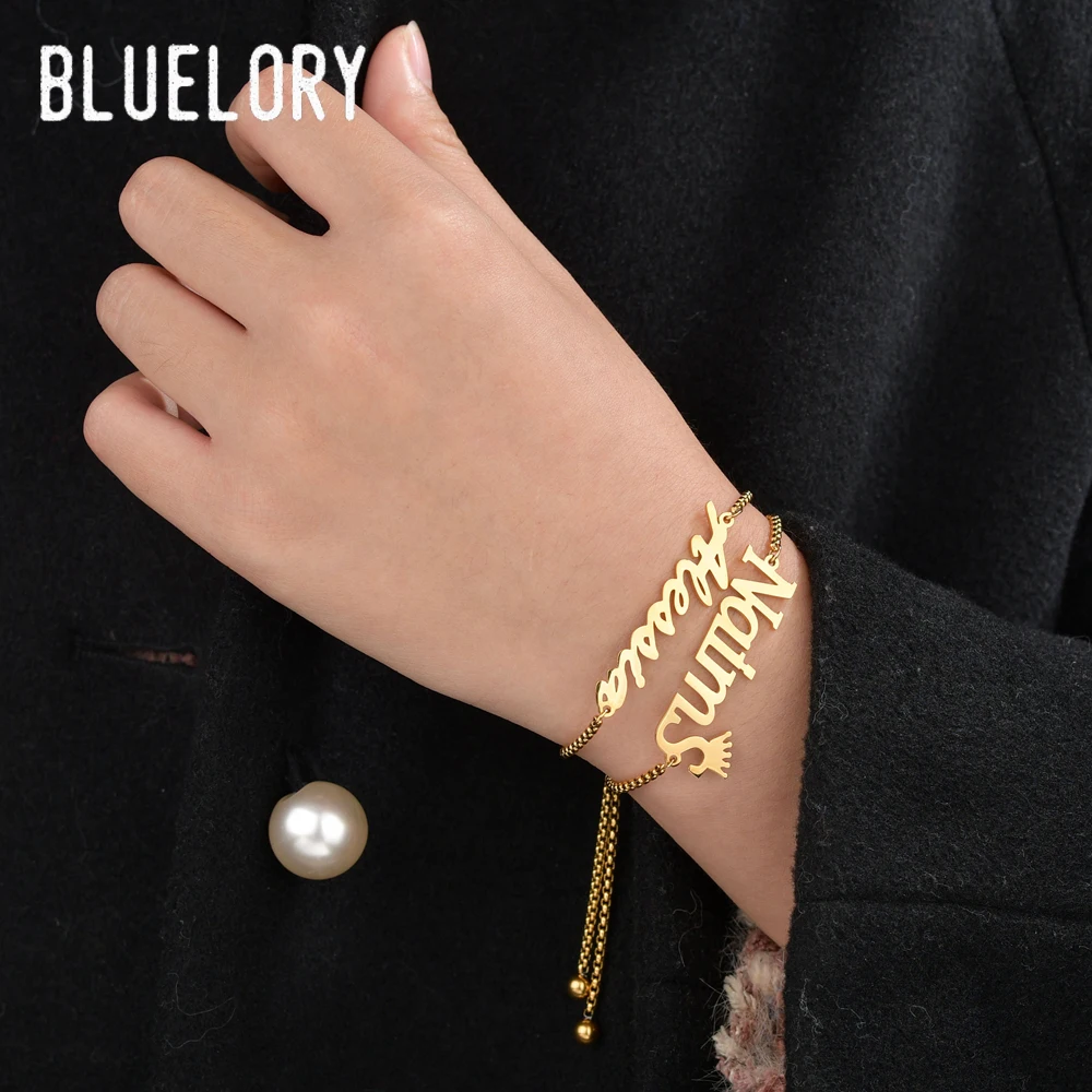 Bluelory Personalized Women Name Bracelets Goldcolor Stainless Steel Adjustable Box Chain Custom Jewelry For Girlfriend Gift