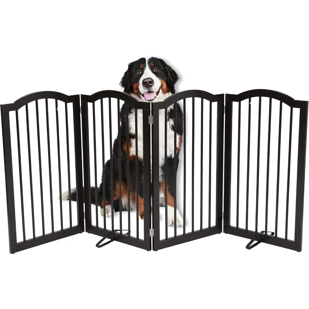 

INTERNET'S BEST Arched Top Dog Gate with Support Feet | 4 Panel, 36" H Wooden Pet Barrier for Dogs or Cats | Freestanding Foldin