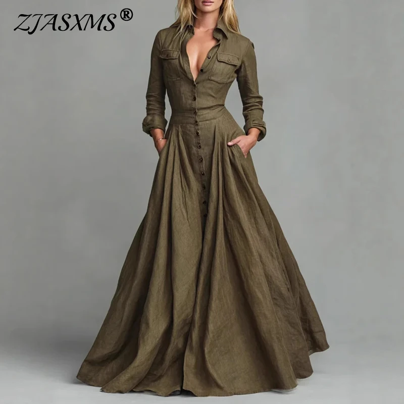 Casual Turn-down Collar Button Maxi Dress Woman Elegant Solid High Waist Swing Long Dresses Autumn Long Sleeve Pocket Boho Dress
