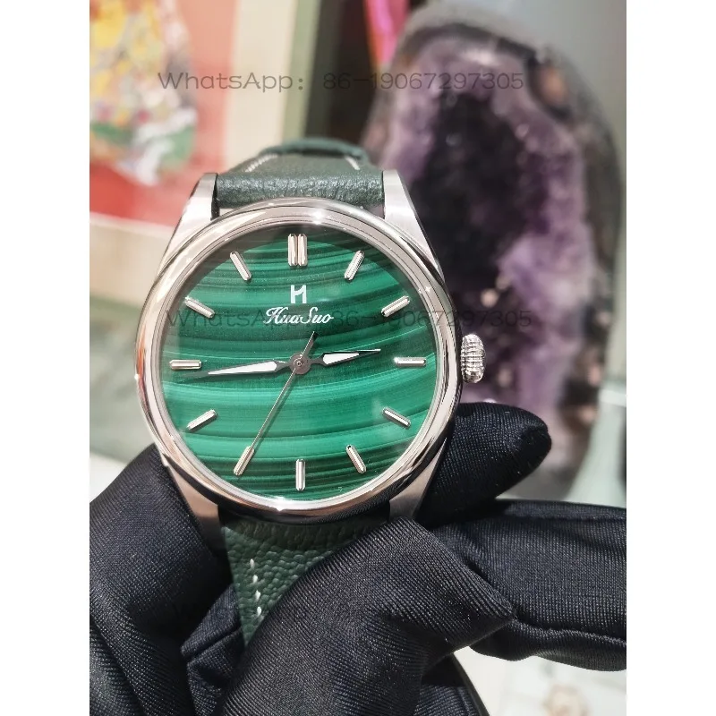 Natural Gemstone Malachite Tiger's Eye Stone Dial Leather Strap Business Premium Light Luxury Watch Mechanical Watch