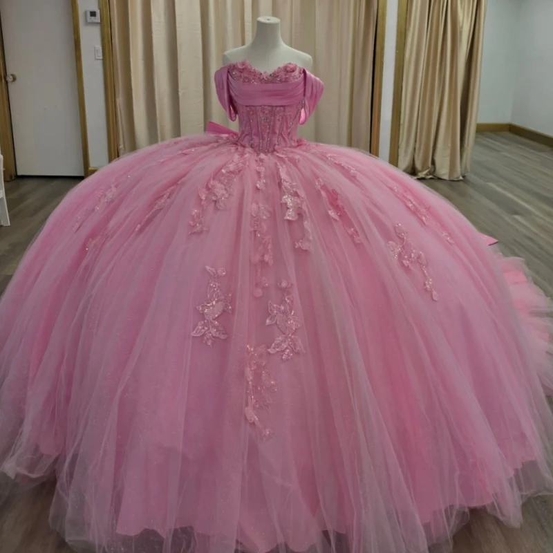 

Pink Princess Off the Shoulder Sweet 16 Dress Quinceanera Dresses Applique Lace Beads Bow Tull Party Birthday Vestidos De 15