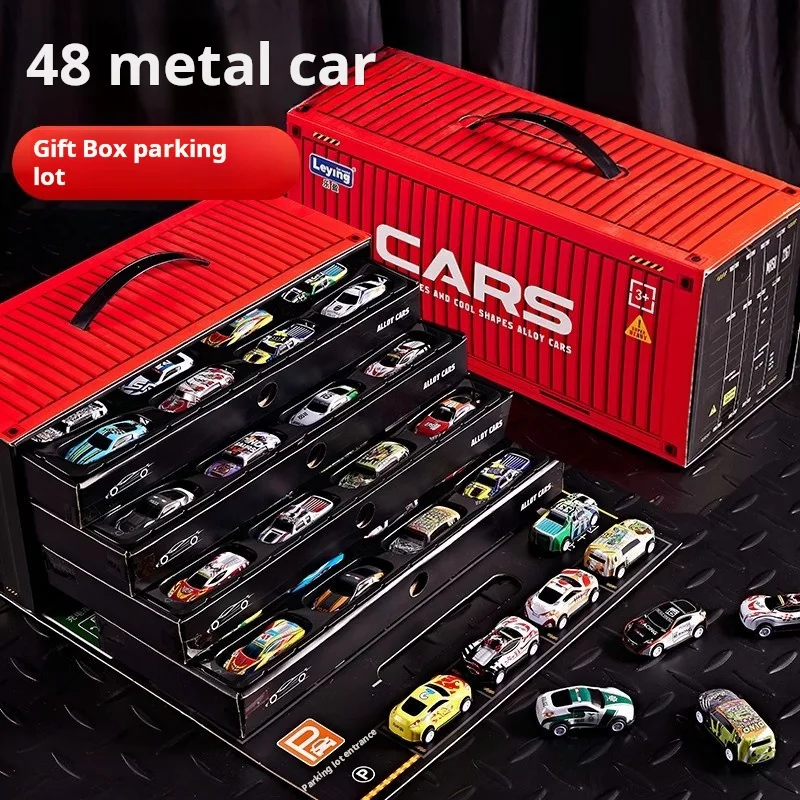 48 Uds. Coches extraíbles de aleación para niños, Mini vehículos de Metal, coches de carreras de inercia, juguetes con contenedor, caja de almacenamiento, juguete para niños, regalos