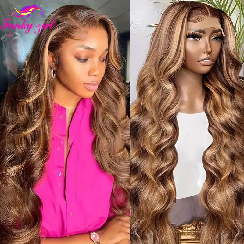 

Highlight Body Wave Wig 13x4 Lace Front Human Hair Wig 4/27 Colored 13X6 Lace Frontal Wigs For Women 180% Density Brazilian Hair