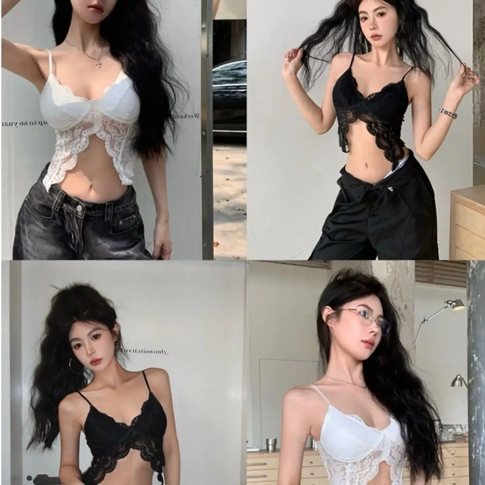 

New Sleeveless Sexy Tanks Lace See Through Suspender Vest with Breast Pad Crop Top Women Outfits