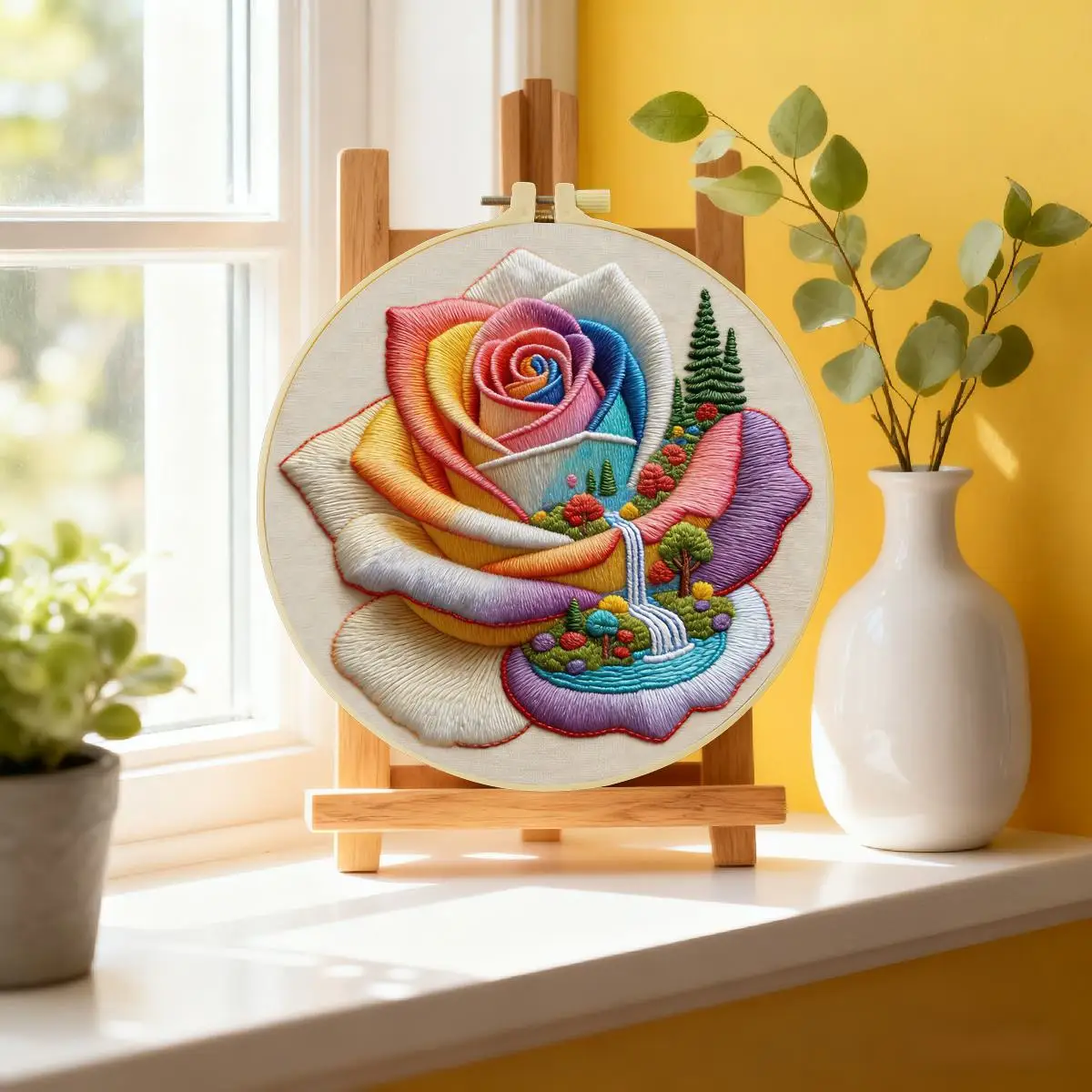 1 Stück 20X20CM/15X15CM 7,87/6,3 Zoll Farbige Rosen Stickerei Starter-Kit DIY-Kit DIY-Stickerei-Set Handarbeiten Heimdekoration – Detail 1