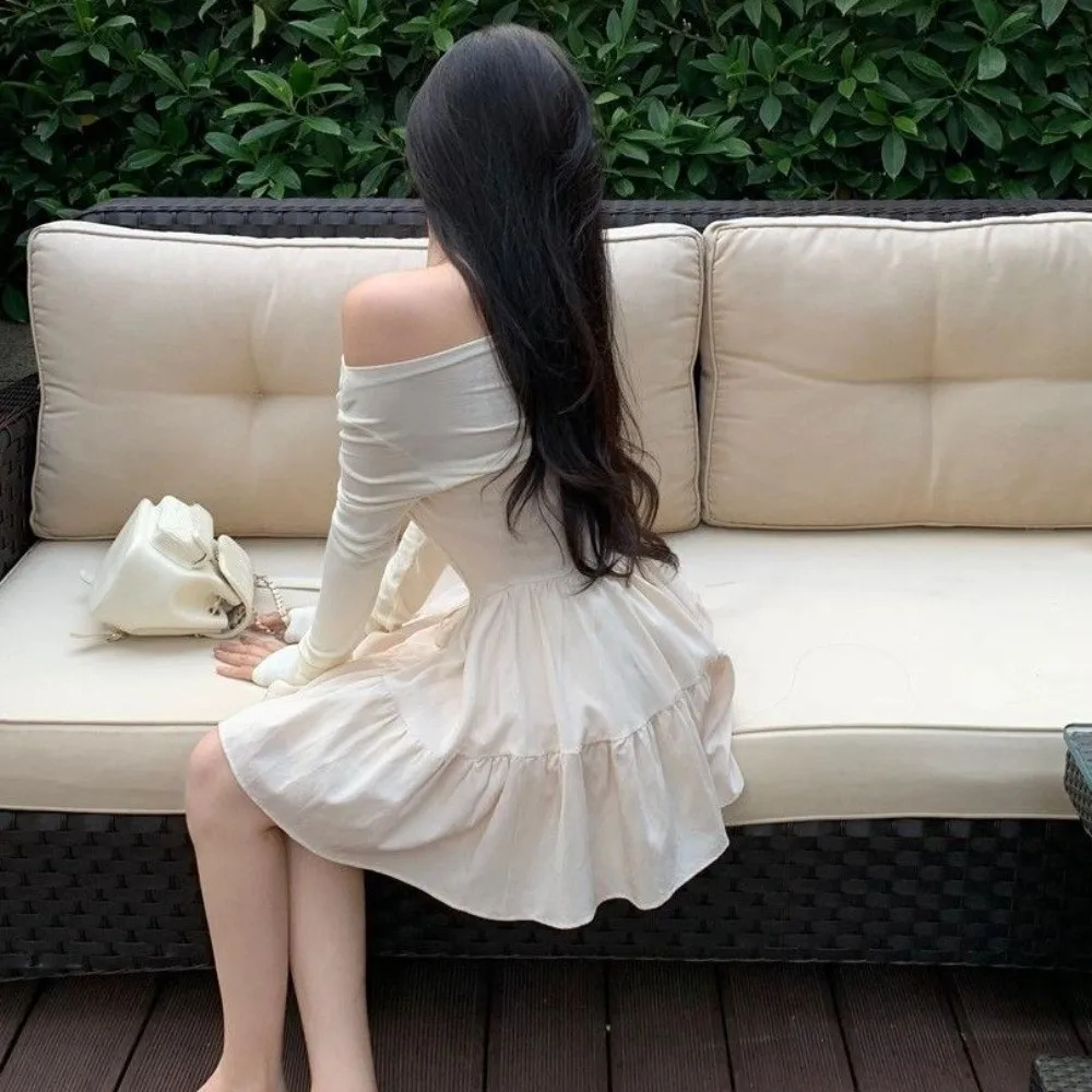 تنورة قصيرة نحيفة بأكمام طويلة فرنسية، مقاس نحيف، خفيفة الوزن، بياقة واحدة، فستان كوري أنيق للترفيه على شكل حرف A، تنورة قصيرة للحفلات #4