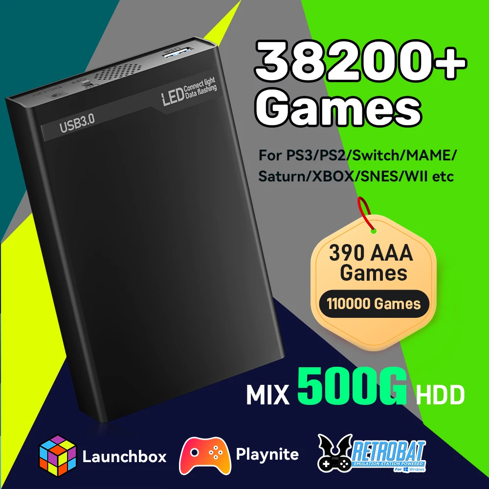 

500G Gaming HDD With 38200+Retro/PC Games Retrobat&Playnite&Launchbox Game Console For PS3/Switch/XBOX/PS2/Wii/WiiU For Windows