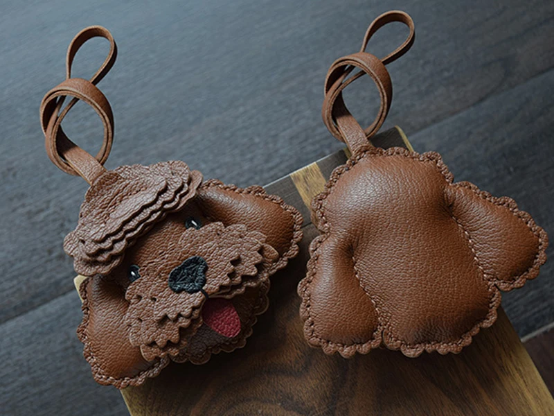 Handgefertigter Echtleder-Taschenanhänger Teddybär Schlüsselanhänger Welpen und Hunde Kleiner Pudel Schlüsselring mit Geschenkbox – Detail 7