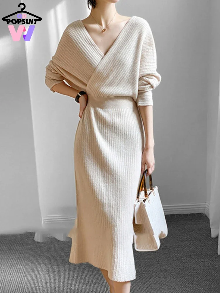 

Sexy Women Sweater Dress New in Spring Fashion Slim V-neck High Waist Long Sleeve Pack Hip Skirt Party Women's Knitted Clothes