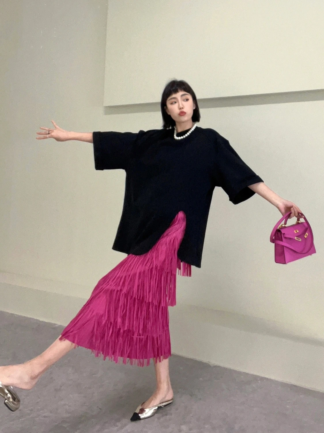 

Retro Slimming Half Skirt with Tassel And Pleat Design Versatile mid Waist A-Line Long Skirt for Commute in Standard Fit