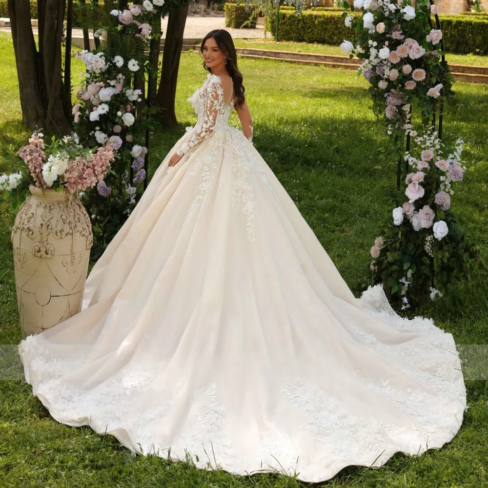 Princesa sheer o pescoço a linha vestido de casamento mangas compridas apliques ilusão botão volta boho vestido de noiva luxo novia