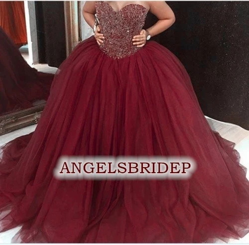 Angelsbridep Luxury Burgundy ประกายคริสตัล Quinceanera ชุดเดรส Sweetheart อย่างเป็นทางการชุด Masquerade สำหรับ15 Party Gowns