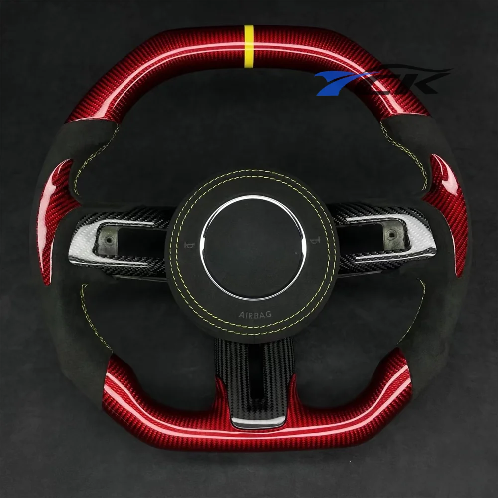 

Red Carbon Fiber Steering Wheel for Ford Mustang 2018-2022 with Black Suede And Yellow Strip Car Accessory