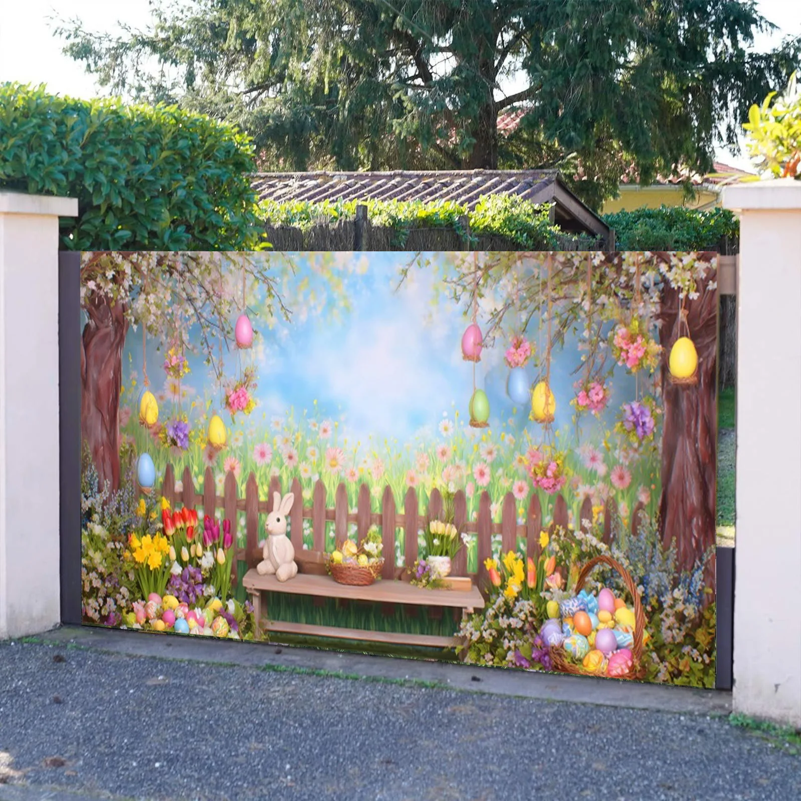 Spring Easter Garage Door Decoration Banner Backdrop Rabbits Flowers Colorful Eggs Indoor Outdoor Party Large Hanging Background