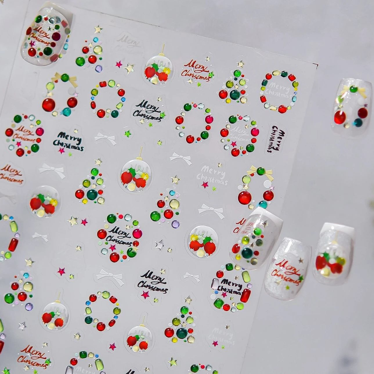 Gelatina Ghirlanda di Natale Bowknot Nastro colorato con sfera di cristallo Babbo Natale Fiocco di neve Pupazzo di neve Albero Inverno Nail Art Stickers Decalcomanie