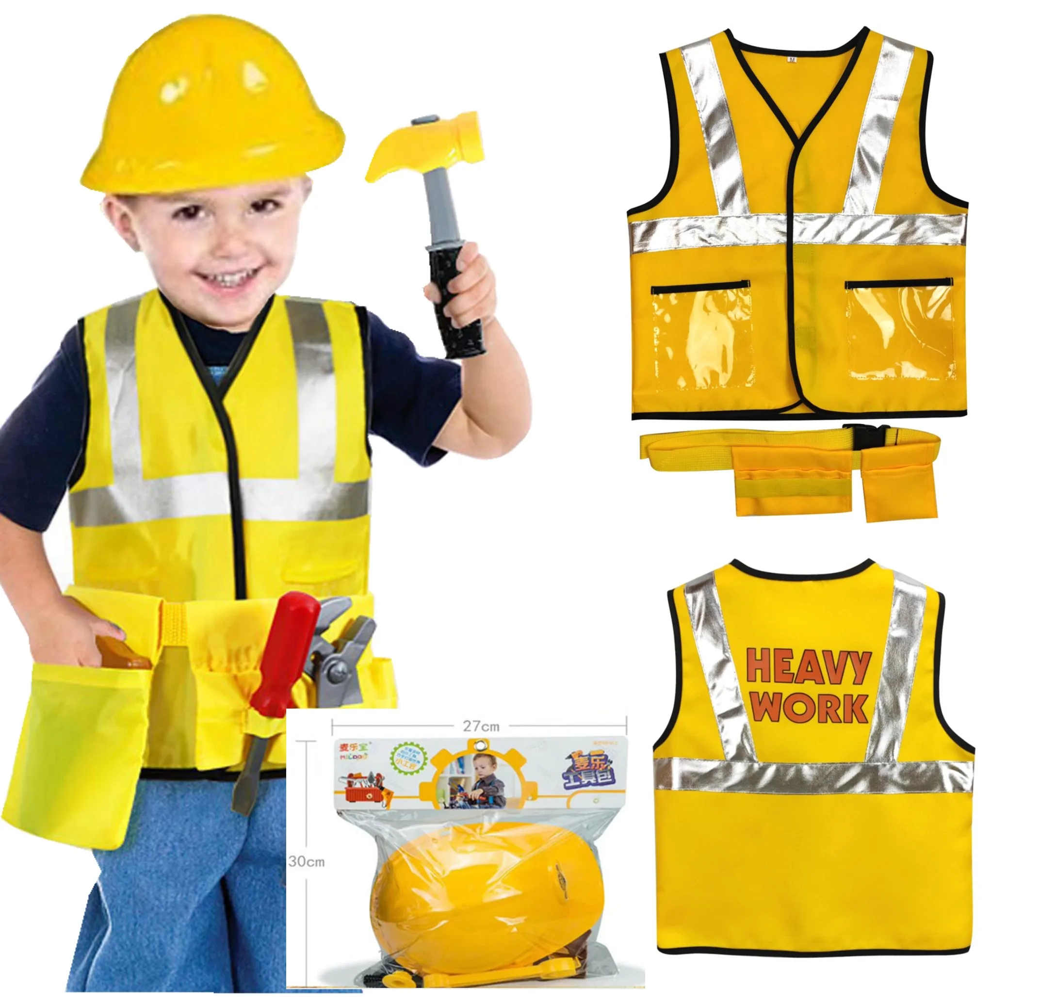 Kids Fireman Worker Costume Set Boys Role Play Dress Up Kit with Helmet Vest Toy Tools Party Favors Birthday Gift for Toddlers