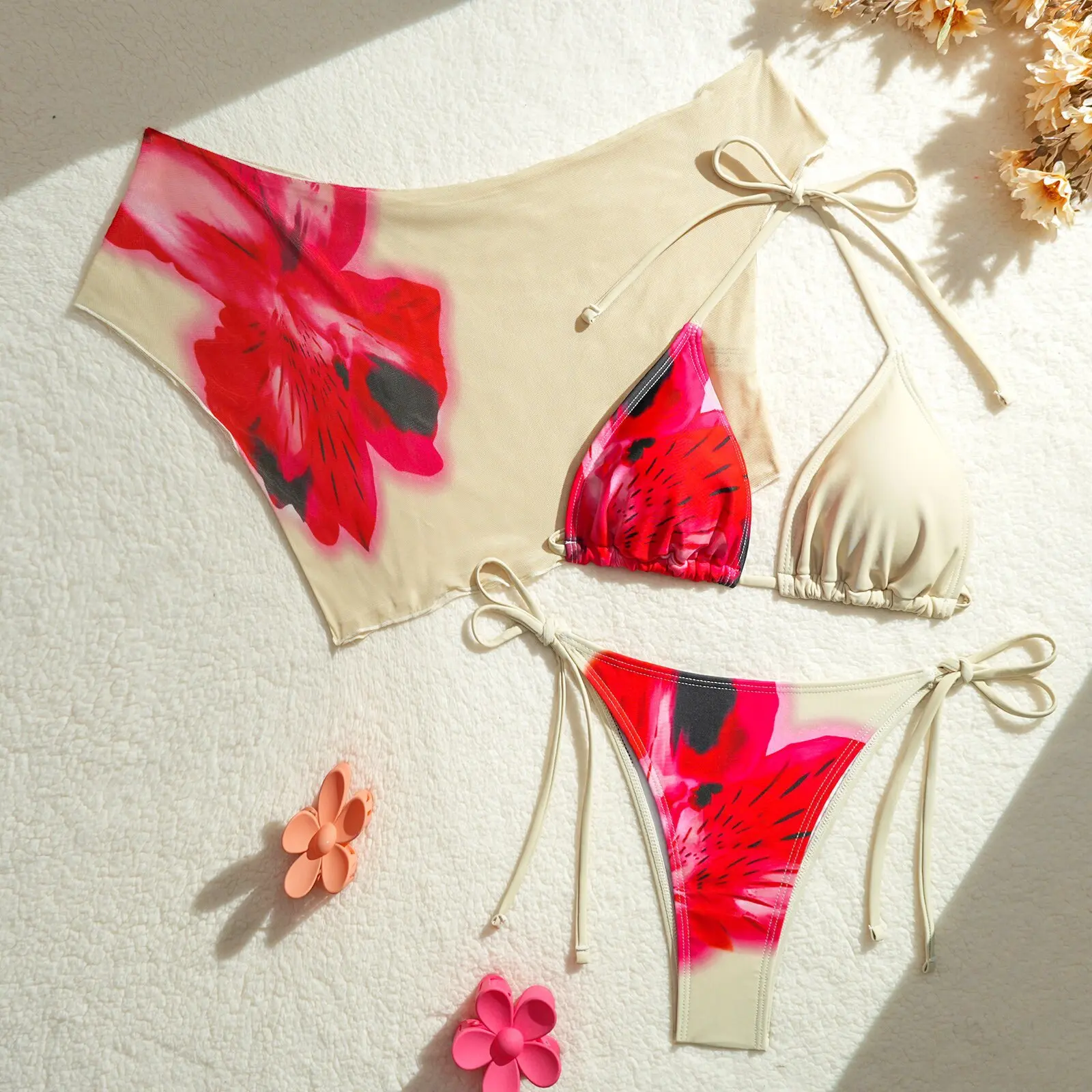 مثير طقم بيكيني صغير 2025 المرأة الأزهار طباعة رفع البرازيلي التعادل الجانب ثونغ ملابس السباحة البرازيلي الشاطئ ثوب السباحة 3 قطعة ملابس السباحة
