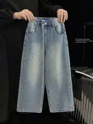 Girls' hot stamping jeans Spring and Autumn new style children's loose straight leg pants Korean version girls' wide leg pants