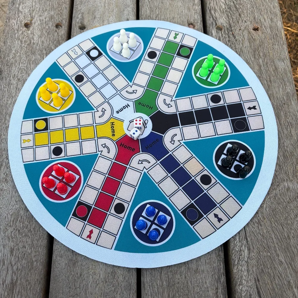 

LUDO Game Board 6-Player big size 35CM/13.78IN with 1 circular chess mat, 24 pieces in 6 colors, 2 dice .Classic Dice Board Game