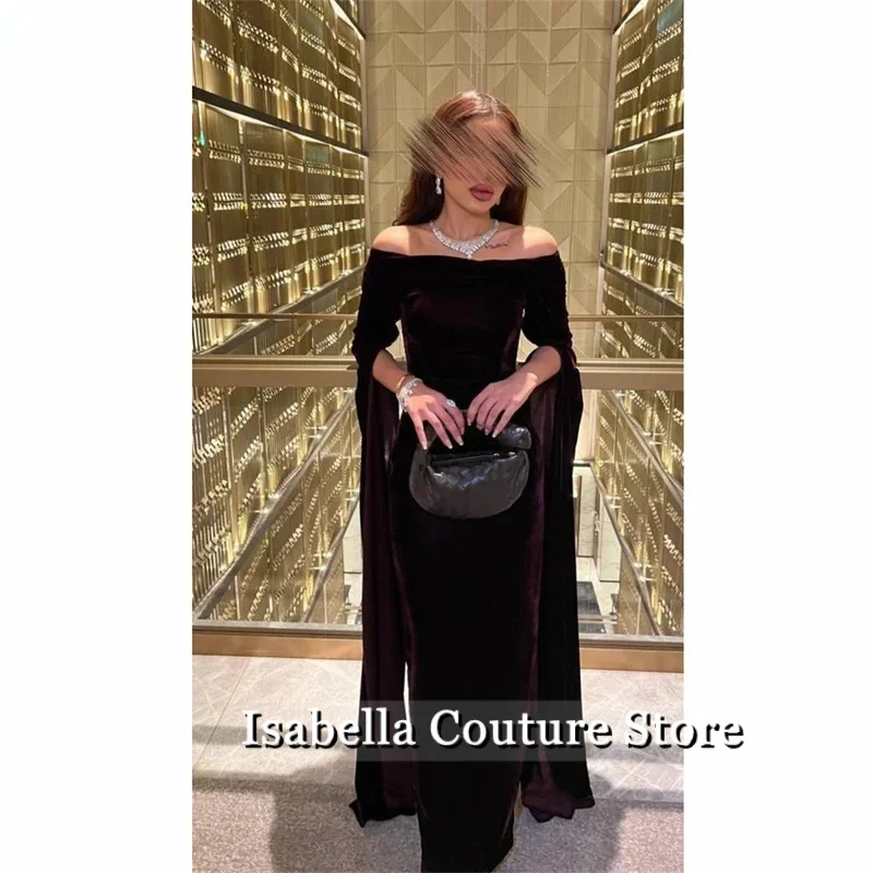 

Dark Purple Formal Occasion Dresses Off Shoulder Velvet Formal Dress Draped Long Sleeves Party Gown Customized