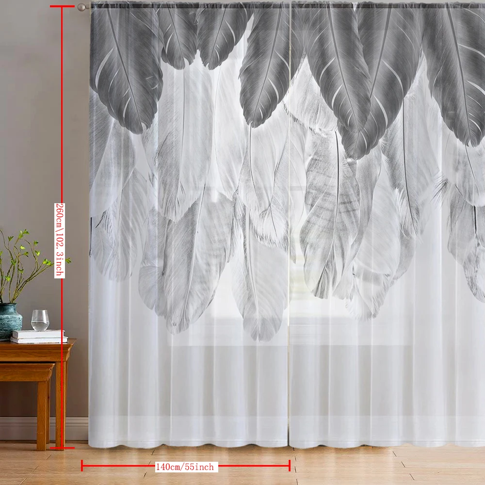 2PCS Home decoration printed window screens, gray feathers, curtains with pole pockets, kitchen, coffee shop, living room