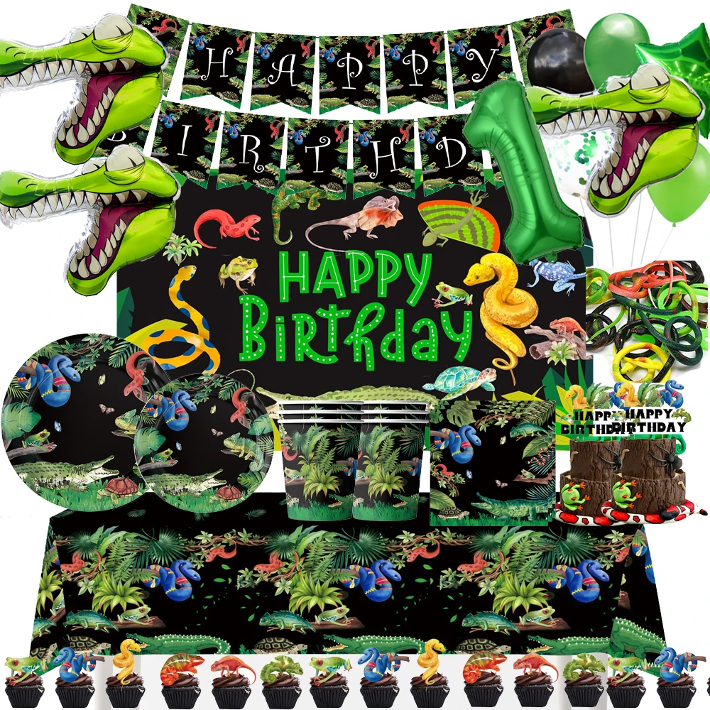 Reptile Snake Birthday Party Supplies Lizard Decoration Plates Cups Kids Swamp Alligator Camping Wildlife Wilderness Party Favor