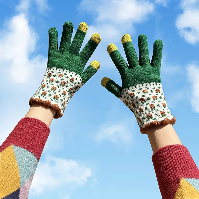 Guantes de mano de punto con flores coloridas para mujer y niña, manoplas cálidas de lana gruesa con pantalla táctil, a prueba de viento, Invierno