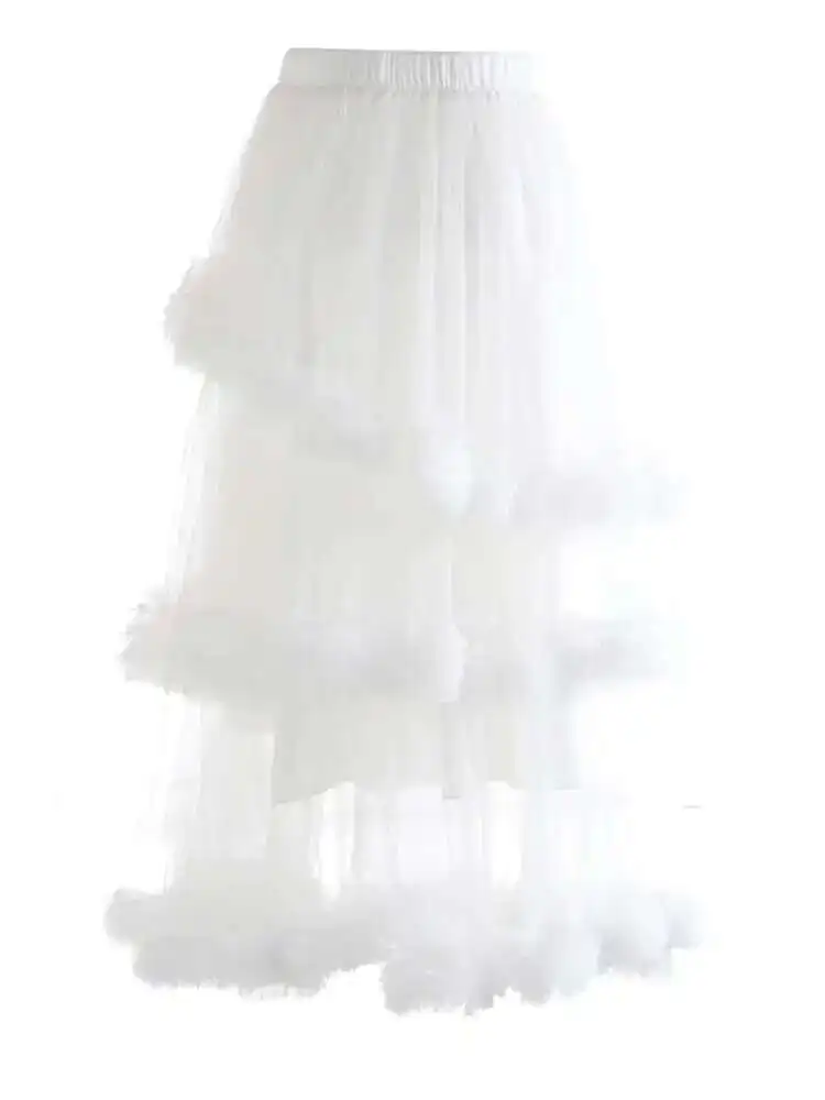 High Elastic Waist Yellow Mesh Ruffles Irregular A-line Half-body Skirt Women Fashion Tide New Spring Autumn