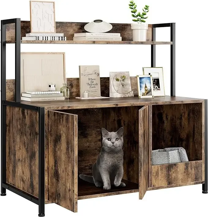 -Cat Litter Box Enclosure Large Hidden Furniture With Shelves Scratching Pad And Pet Storage Cabinet