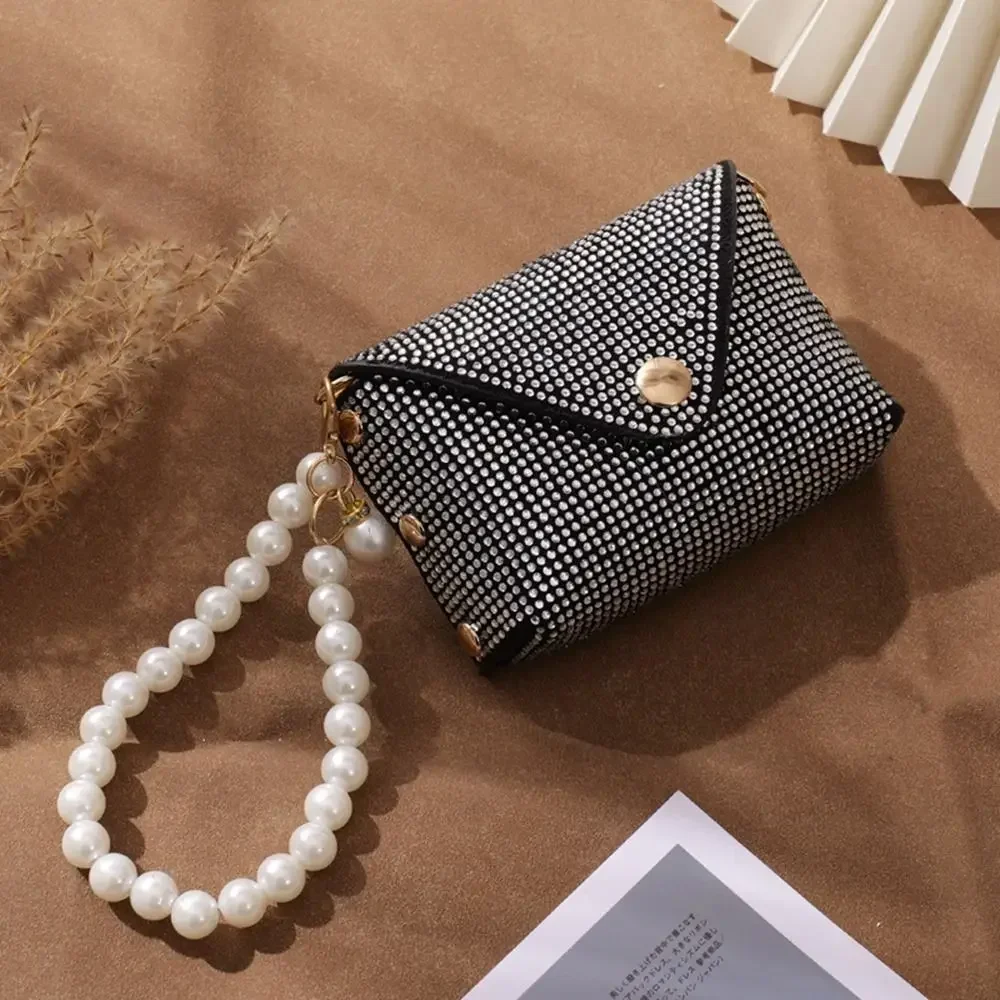 Korean Style Portable Shiny Rhinestone Coin Purse PU Leather Clutch Bag With Pearl Lanyard