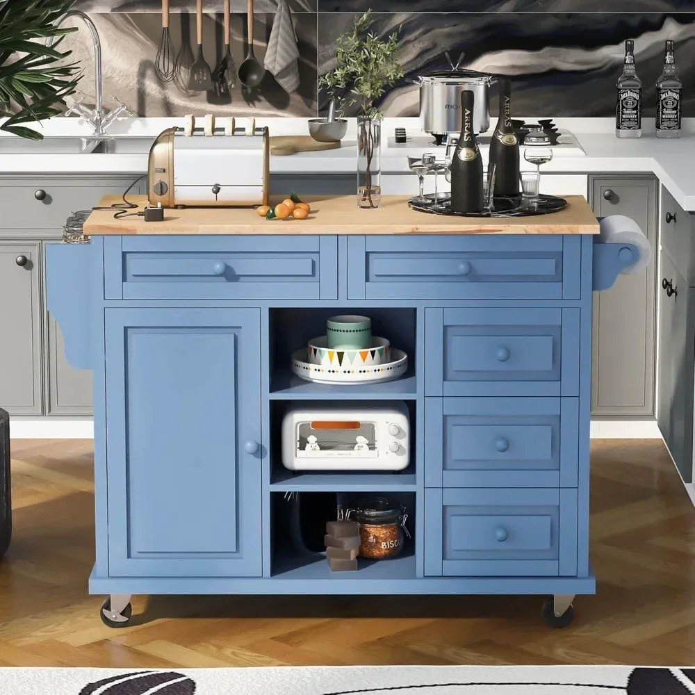 Mobile Kitchen Island Cart with Doors Drawers, Rolling Sideboard Storage Cabinet Trolley,(Blue)，Kitchen Islands & Trolleys