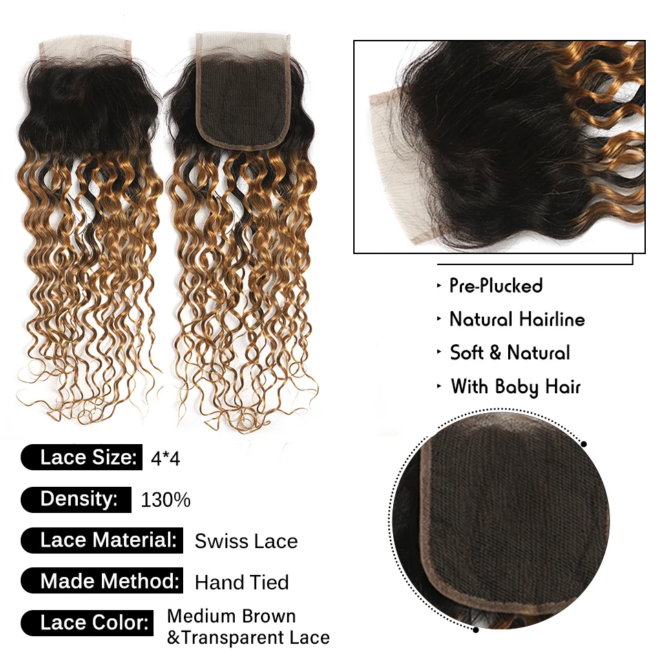 Water Wave Bundles With Closure Ombre Blonde Colored Human Hair Weave Extensions With Lace Closure Brazilian Remy Hair