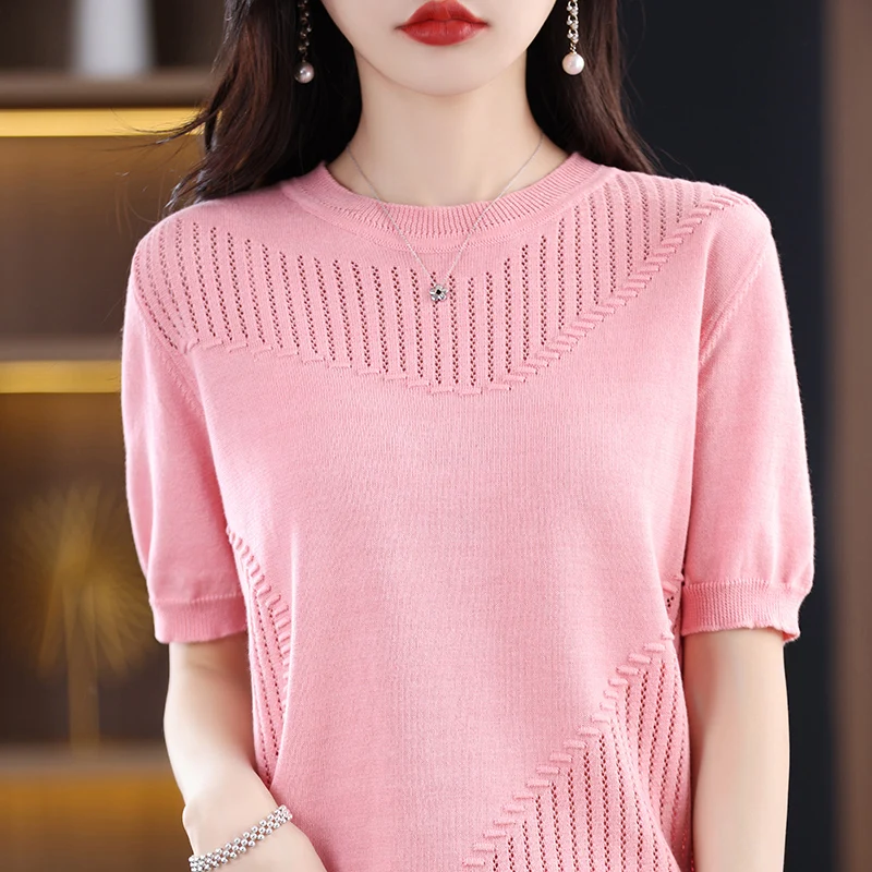 Summer New Pure Cotton Women's Round Neck Solid Color Hollow Out T-Shirt Fashion Casual Loose Thin Soft Top Short Sleeve