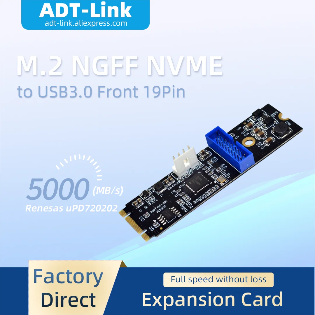 19Pin Front Header 2 Port M.2 NGFF NVME to USB3.0 Motherboard Adapter Card Small 4PIN Power Connector Desktop Internal Expansion
