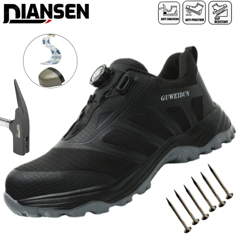 

Мужские защитные кроссовки с вращающейся кнопкой, устойчивые к проколам, со стальным носком, нескользящая промышленная обувь, уличная рабочая обувь
