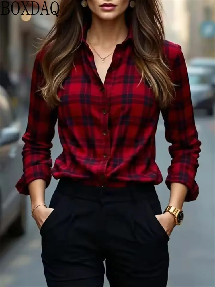 Button checkered printed spring and autumn women's long sleeved shirt for daily office fashion and casual lapel women's shirt