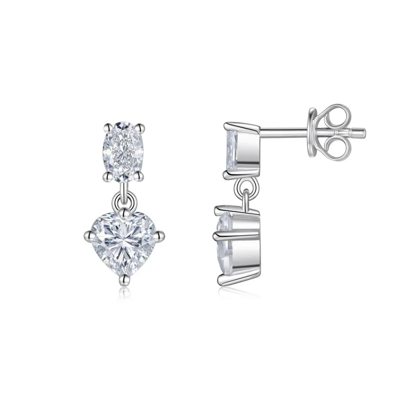 

S925Pure silver gold-plated moissanite stud earrings with lab-grown diamond heart-shaped oval double stone earrings for women