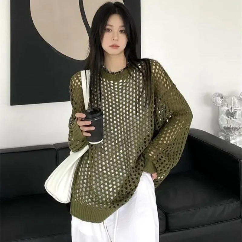 

Korean Fashion Lazy Style Summer New Hollow Out Cover Shirt Design Sense Ice Silk Knit Sweater Hanging Sense Mid Length Pullover